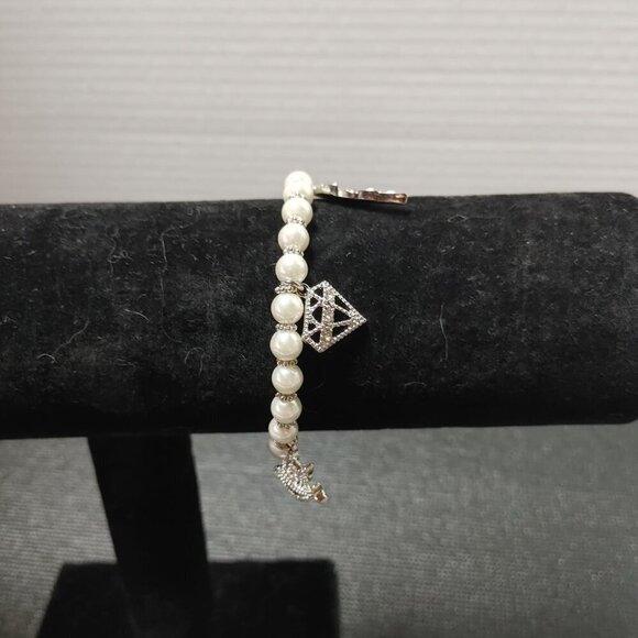 3/$30 Glass Pearl Beaded Stretch Bracelet Alloy Charms, heart, crown Rhinestones - Picture 3 of 4
